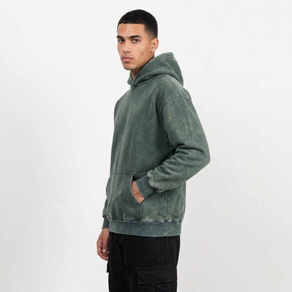 HIGH LEVEL HL Menswear Green Stonewashed hoodie 360gsm 100% cotton plush lining